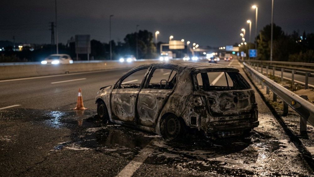 Vehículo calcinado en la C-58 a la altura de Terrassa tras un incendio nocturno sin víctimas. Incendio en la C-58 en Terrassa